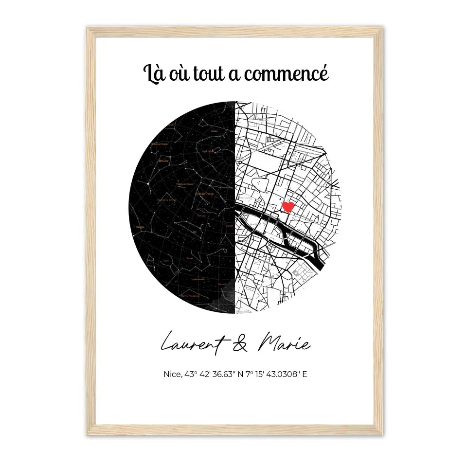 Carte lieu de rencontre + constellation - Affiche personnalisée